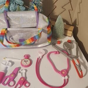 Dr doctor kit gently used in fun rainbow glitter bag  2 stethoscopes & tools